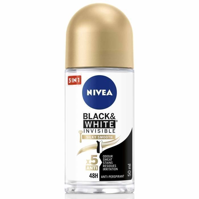 Déodorant Femme - NIVEA - Black & White Silky Smooth - Roll-on 50ml - Protection 48h - Sans alcool