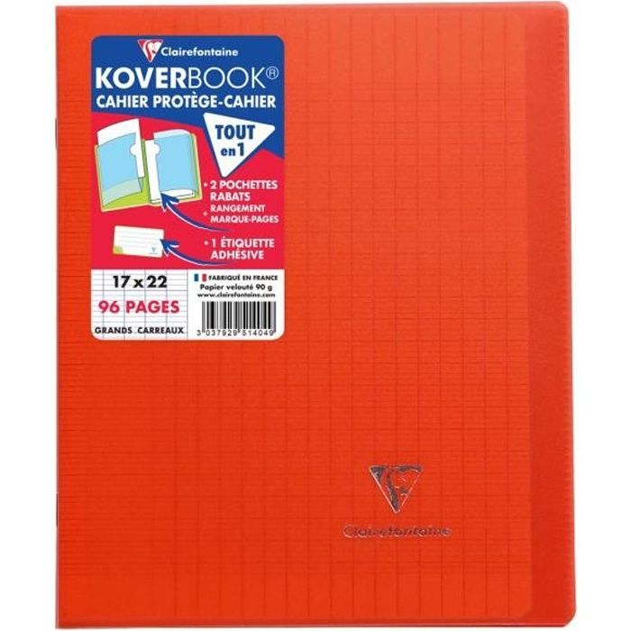 CLAIREFONTAINE - Cahier piqûre avec rabats KOVERBOOK - 17 x 22 - 96 pages Seyès - Couverture polyproplylène translucide - Rouge