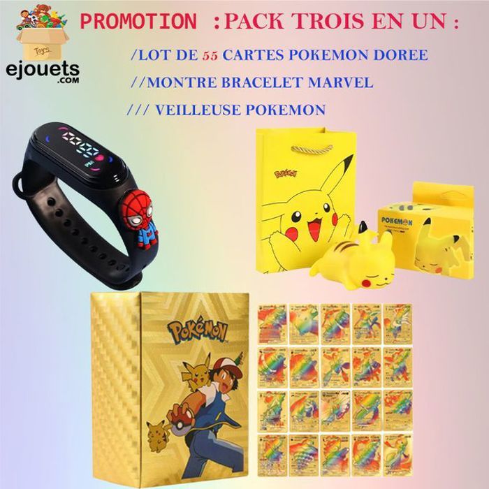 Lot de 55 Cartes Pokémon + Veilleuse Pikachu + Montre Spiderman : un cadeau parfait pour les fans de Pokémon