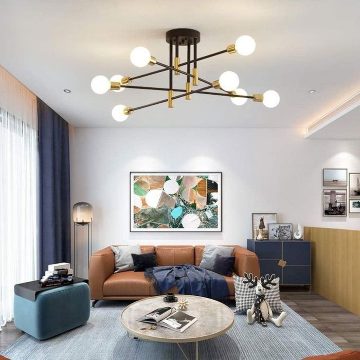 Suspension Luminaire De Plafond 8 Têtes, Style Industriel Du Milieu Du Siècle, Noir Et Doré
