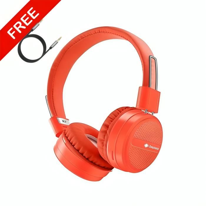 Casque bluetooth DeepBass R7 ROUGE + Cable auxiliar Gratuit
