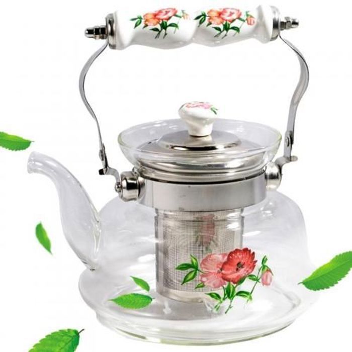 Théière & Bouilloire - Non spécifié - 1L - Verre - Poignée en porcelaine - Infuseur en inox