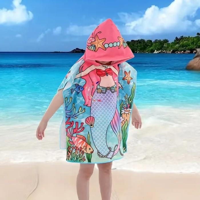 Serviette Enfant Motif Sirène – Microfibre Multicolore, Absorbante, Capuche Pratique pour Été & Vacances