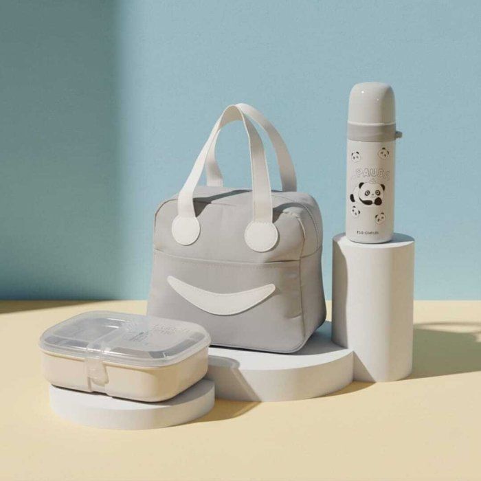 Set Lunch Box - AYA HOME - Sourire - Sac Isotherme 23cm/18cm - Boîte inox 2 Compartiments - Thermos 350mL