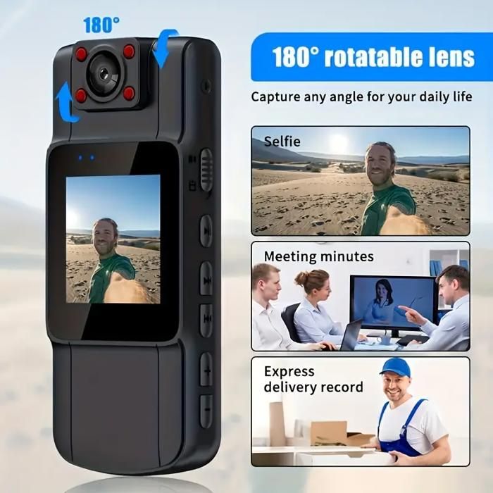 Caméra 1pc 180° 1080P Full HD avec Objectif Rotatif - Grande Angulaire Vision Nocturne, Batterie Rechargeable par USB,