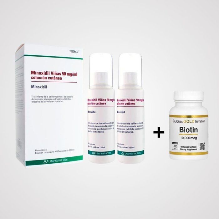 MINOXIDIL VIÑAS 50 MG/ML SOLUCIÓN CUTÁNEA 2 ENVASES DE 120 ML + Biotin 10.000mcg 90 capsule