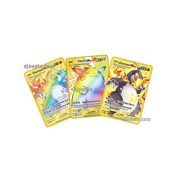 Trio de Cartes Charizard et Pikachu en Métal Or Vmax, cadeau collector