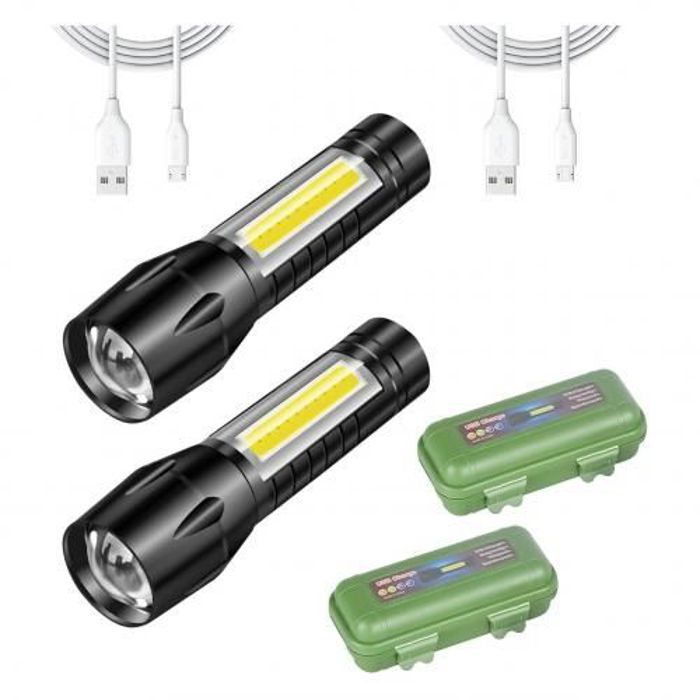 Lampe de poche LED - Pack 2 - Rechargeable - Zoomable - Ultra-petite - Antidérapante
