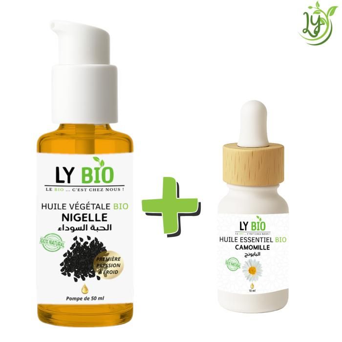 Pack de soins - LYBIO - HUILE NIGELLE 50ML - POMPE - HUILE ESSENTIELLE CAMOMILLE 10ML - Réparateur