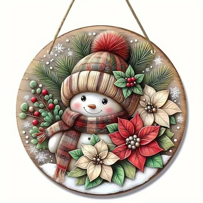 Décoration Murale en Bois Charmante de Bonhomme de Neige avec Fleurs