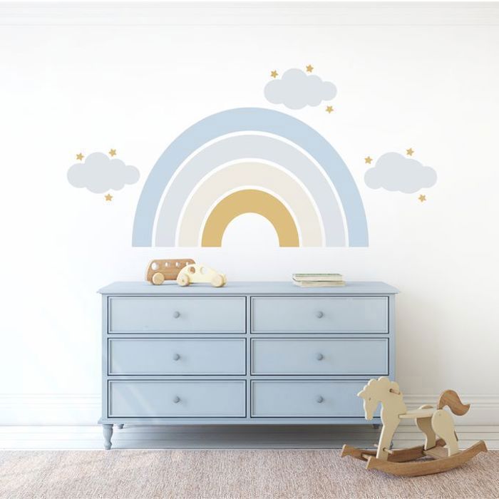 Sticker Mural - Pixelou - Arc-en-ciel et Nuages - Vinyle Mat - 95x56 cm - Décoration Chambre