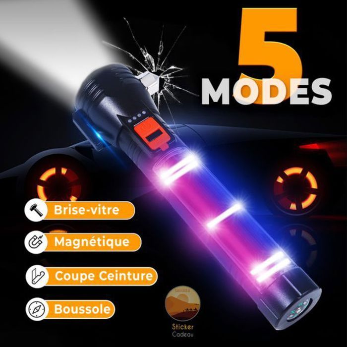 Lampe de poche multifonction brise-vitre magnétique boussole coupe