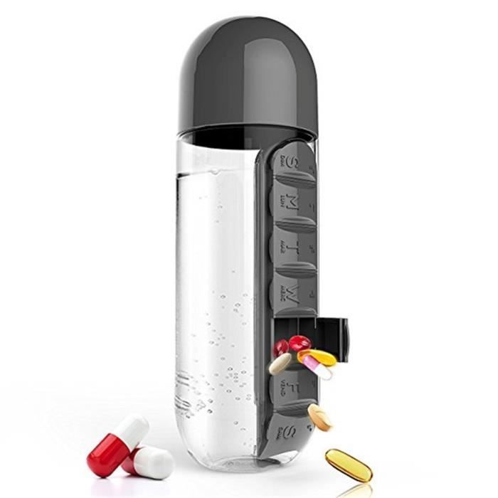 600ML Pilulier hebdomadaire Daily Boîte bouteille d'eau Portable Organiseur Gourde Voyage Coupe avec Pill Box Case noir