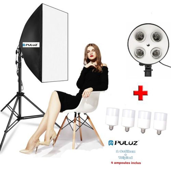Puluz Softbox d’éclairage 50x70CM Professional avec trépied 2m + 4 Lampe économique 24W