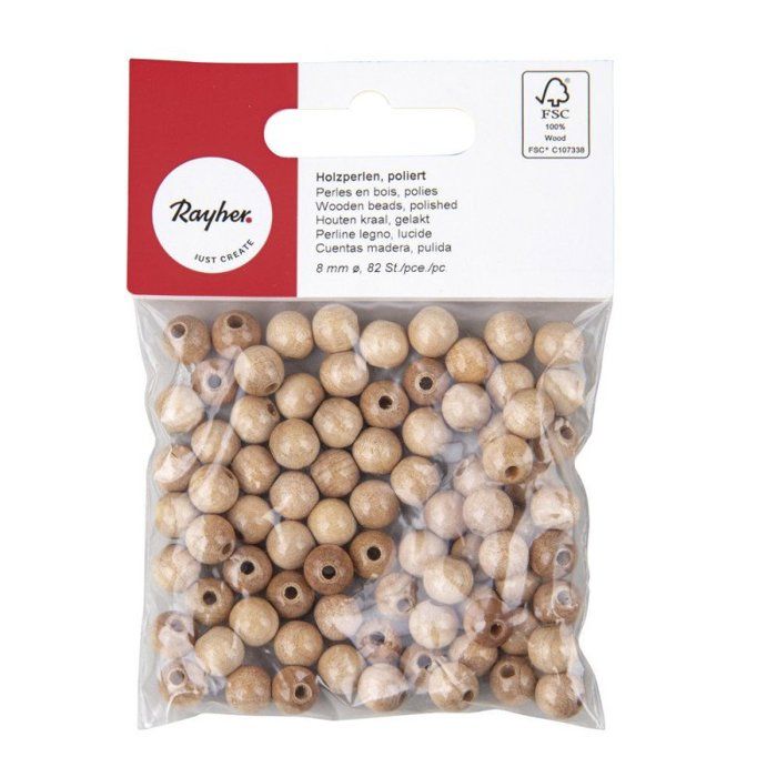 100% FSC-träpärlor, polerade, 8mm 82 stycken, natur