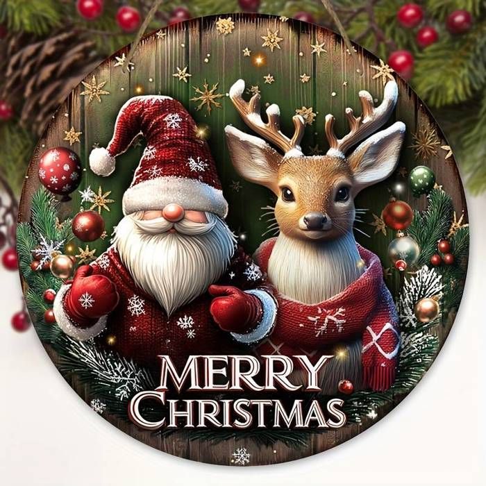 Lutin de Noël et Ornament de Cerf en Bois - Panneau de Noël Rond pour Porte