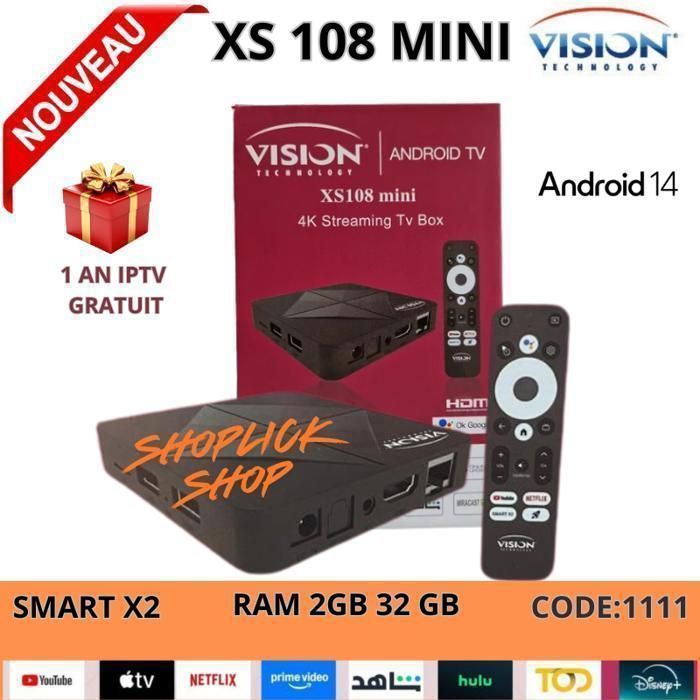 Vision XS 108 Mini TV Box – Android TV 14, 4K Ultra HD, 32Go Dual Wifi 5Ghz 4K Ultra HD