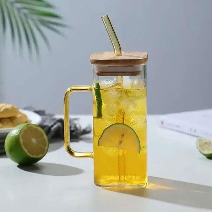 Mug en verre - Non spécifié - Canette - 360ML - Couvercle en bambou - Paille en verre