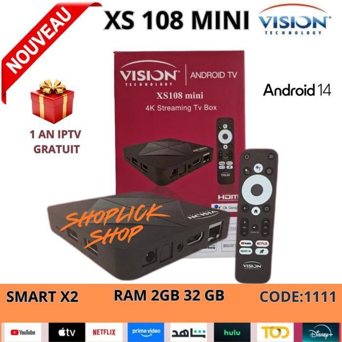 Vision XS 108 Mini TV Box – Android TV 14, 4K Ultra HD, 32Go