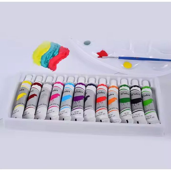Tubes de 9 ml pour peintures acryliques – Fournitures de peinture de qualité artistique avec 12 couleurs différentes, 2 pinceaux et