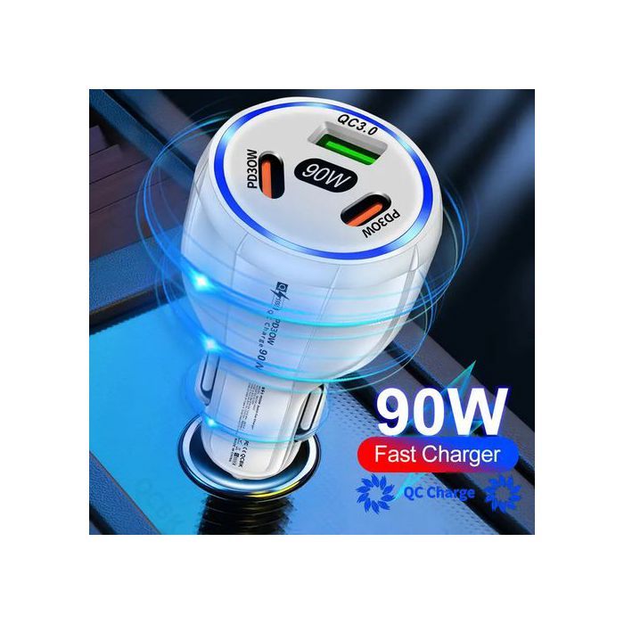 Charge de Voiture 90W, QC3.0, PD, QUICK Chargeur Multi-ports Super Rapide Adaptateur pour iPhone Samsung Huawei