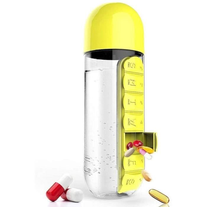 Boîte à Pilules Portable,Bouteille d'eau portable 2 en 1 avec pilulier 7 jours pour les voyages et les médicaments 600 ml（Jaune）