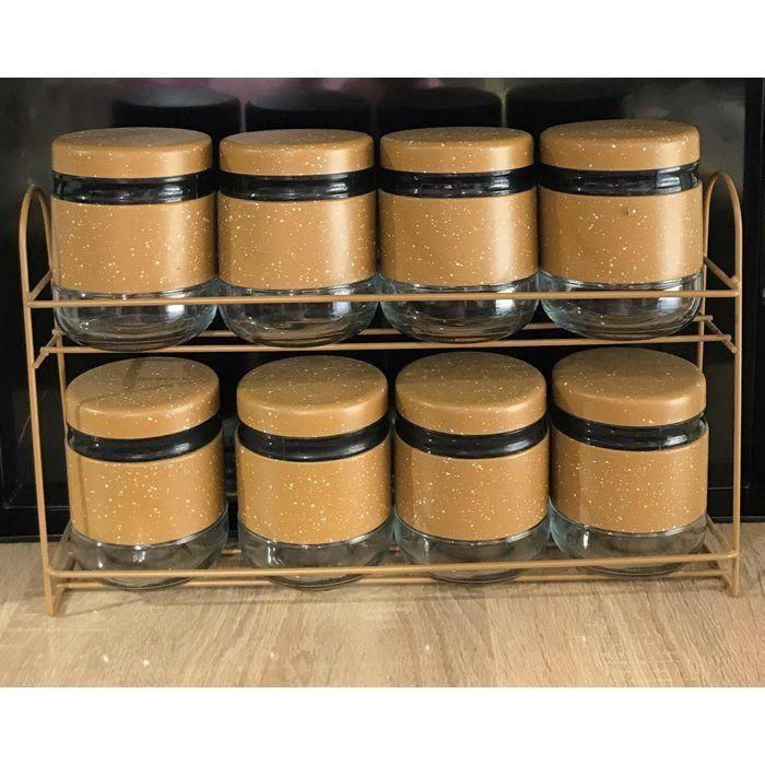 Rangement - AYA HOME - 8 Pots à Épices - Verre - Structure Métallique - Beige