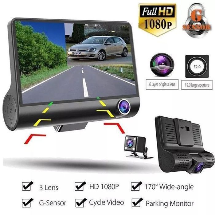 Caméra Voiture DVR 3 Lens Enregistreur Vidéo Full HD 1080P WDR Cam Dash Vision Nocturne Full HD Arrière Super