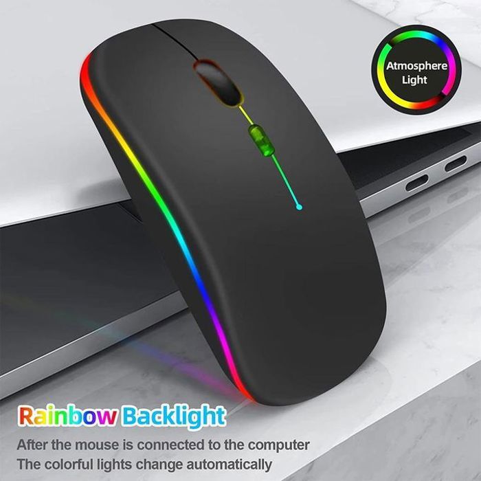 Souris Bluetooth sans fil Rechargable , 2.4GHz, RVB, ergonomique, clic silencieux, ordinateur portable, téléphone portable, TV Noir