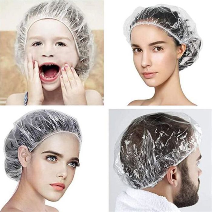 100 pièces bonnet de douche jetable, protection des cheveux, transparent