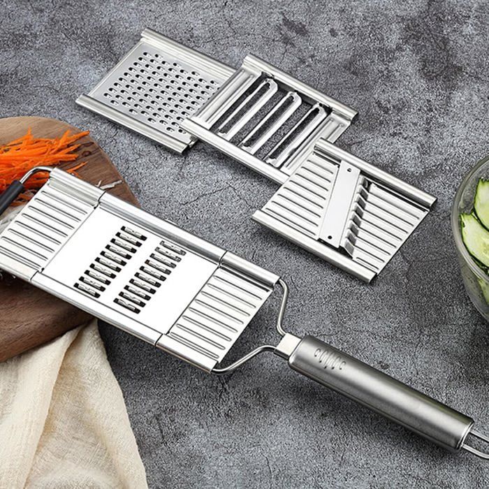 Mandoline 4 en 1 inox avec lames interchangeables pour fruits et légumes.