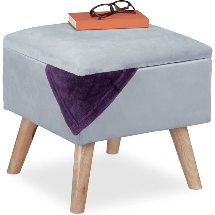 Tabouret de Rangement, matelassé, carré, Pieds en Bois 40 cm /gris clair