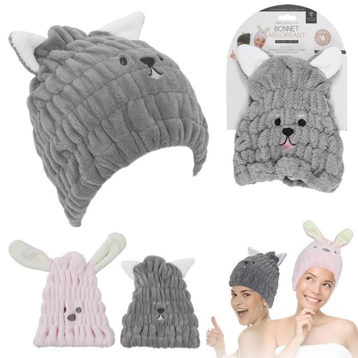 Bonnet séchant - Animaux déco - Gris - Tissu doux - Lavable