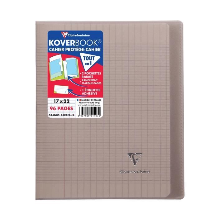 CLAIREFONTAINE - Cahier piqûre KOVERBOOK - 17 x 22 - 96 pages Seyès - Couverture Polypro translucide - Couleur marron