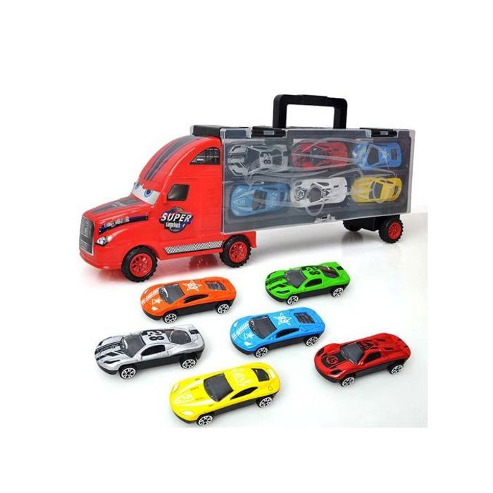 Hot Wheels Conteneur de Voiture Portable avec 6 Voitures en Alliage, pour des jeux de course imaginaires
