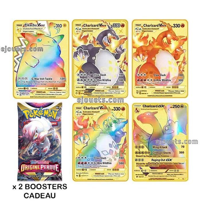 Lot de 5 Cartes Charizard en Métal Plaqué Or Vmax GX + 2 Boosters, un cadeau idéal pour les fans de Pokémon