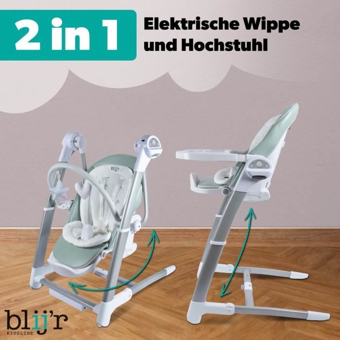 Blij'r Guusje 3in1 Chaise haute, balancelle & chaise de salle à manger vert menthe Transat bébé