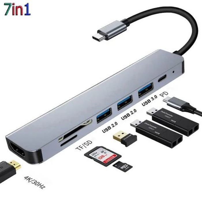 4K adaptateur 7in1 USB C 3 USB 3.0, 2lecteur de carte 100W PD sortie HDMI