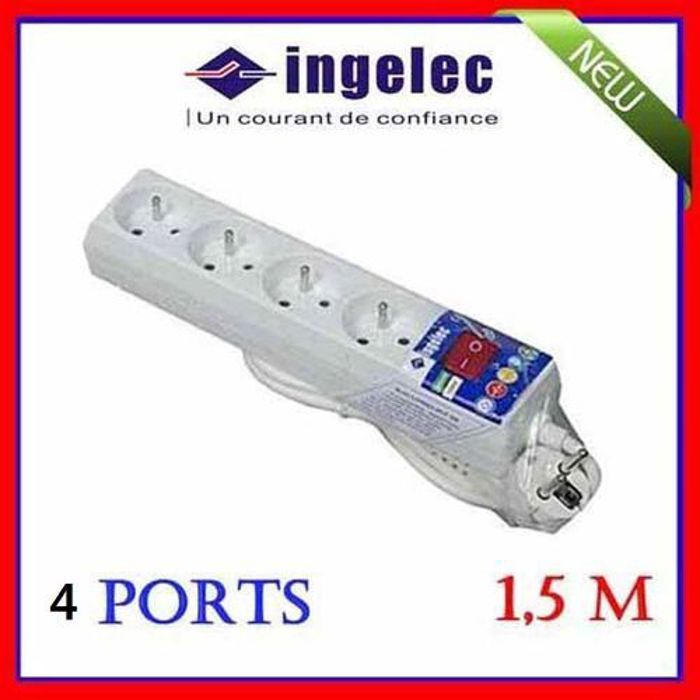 Injelec Rallonge Multiprise Électrique 4 Prises 2P+T Avec Interrupteur - 1.5 Mètres