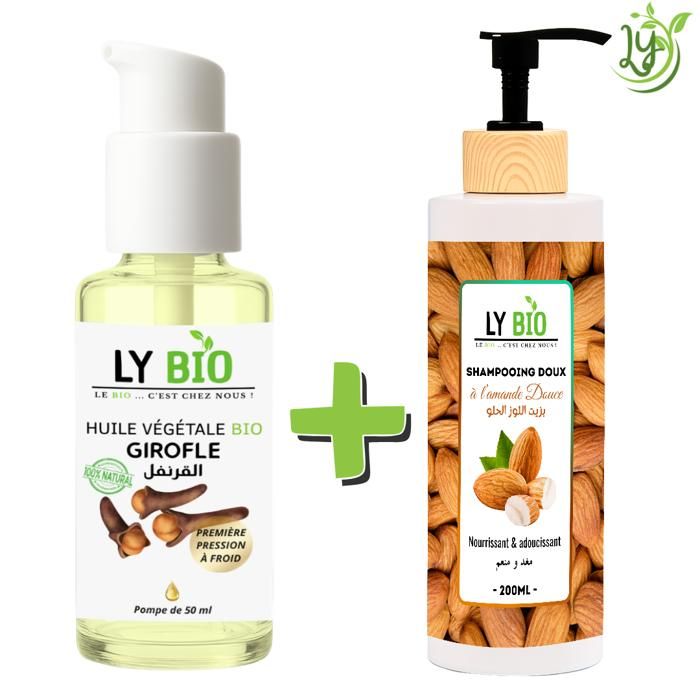 LYBIO PACK HUILE GIROFLE 50ML - POMPE + SHAMPOOING AMANDE DOUCE 200ML - NOURRISSANT & ADOUCISSANT