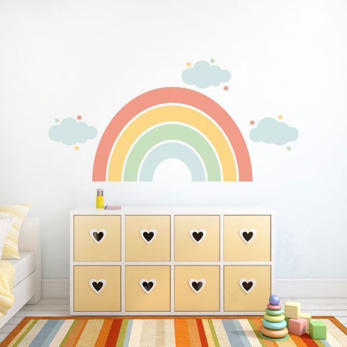 Grand Sticker Mural Arc-en-ciel Nuages Étoiles Multicolore - Décoration Chambre Enfant et Bébé