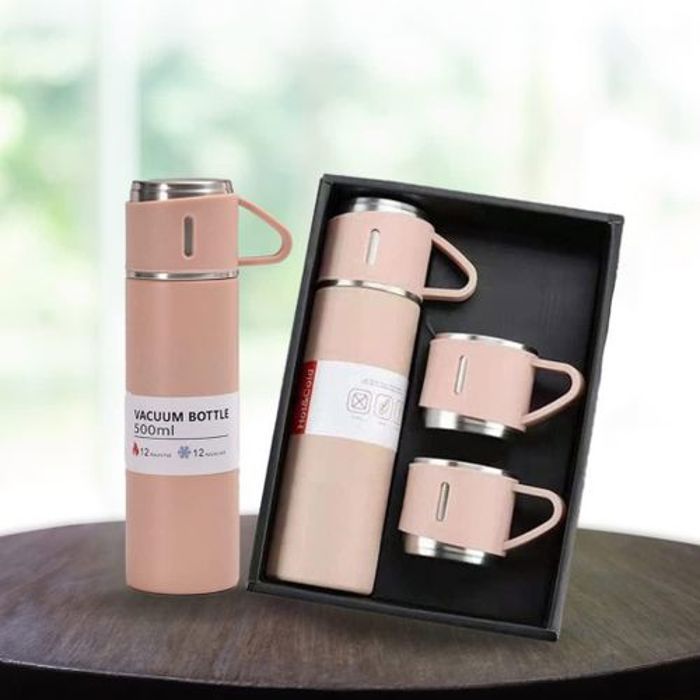 VACUUM FLASK Thermos avec 3 tasses en Inox, Bouteille isotherme en acier inoxydable pour boissons chaudes et froides -rose