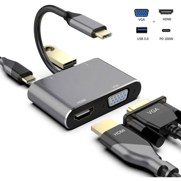 Adaptateur multiport - Non spécifié - Type C vers VGA HDMI USB 3.0 - 4 en 1 - Chargement PD 100W - Résolution 4K