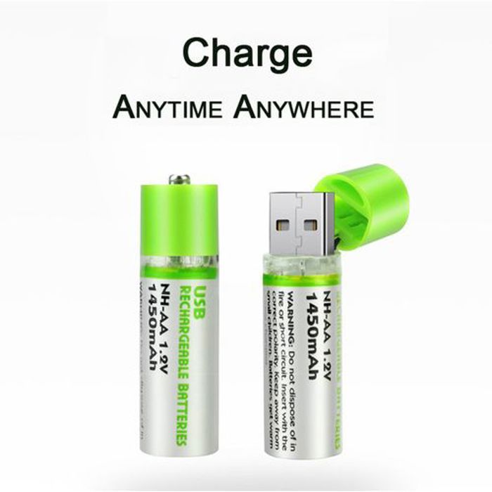 Lot de 2 piles rechargeables lithium-ion NH-AA 1.2V batterie 1450mAh chargement USB