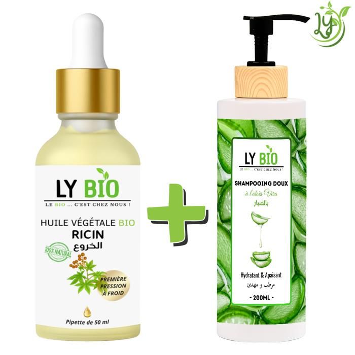 Pack de soins capillaires - LYBIO - Huile de ricin 50ml - Shampooing Aloe Vera 200ml - Hydratant - Apaisant