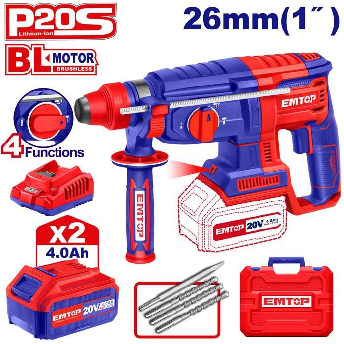 Marteau perforateur 26mm sans fil 20V + 2 Batteries 4.0Ah