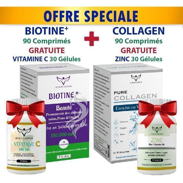 PACK = COLLAGEN 90 Comprimés Gratuite ZINC 30 Comprimés + BIOTINE 90 comprimés Gratuite Vitamine C 30 Comprimés