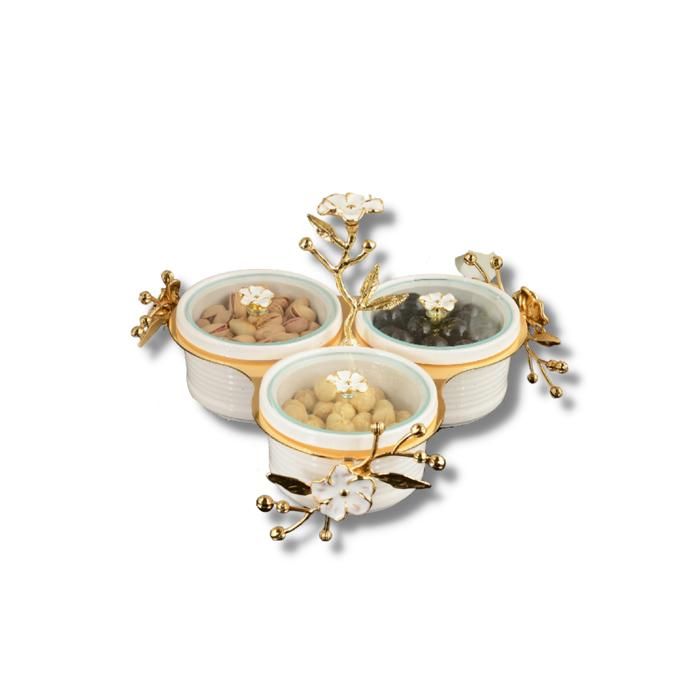 SET 3 BOLS AMUSE GIRL PORCELAINE AVEC SUPPORT DORE FLORAL