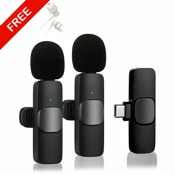 Microphone Cravate Double - K9 - Type-C - Sans Fil - Haute Qualité - Écouteur Heavy Bass Inclus