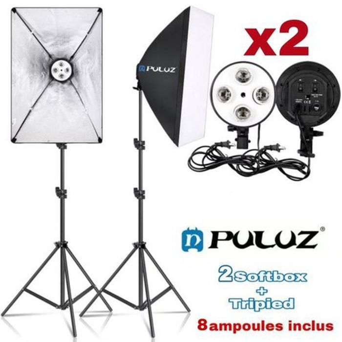 Puluz 2 Softbox 50x70cm ,8 lampes, 2 Tripied 200cm, studio photographie video